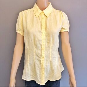 Coupé Linen Artsy Pastel Yellow Boho Short Sleeves Button Down Shirt Blouse.